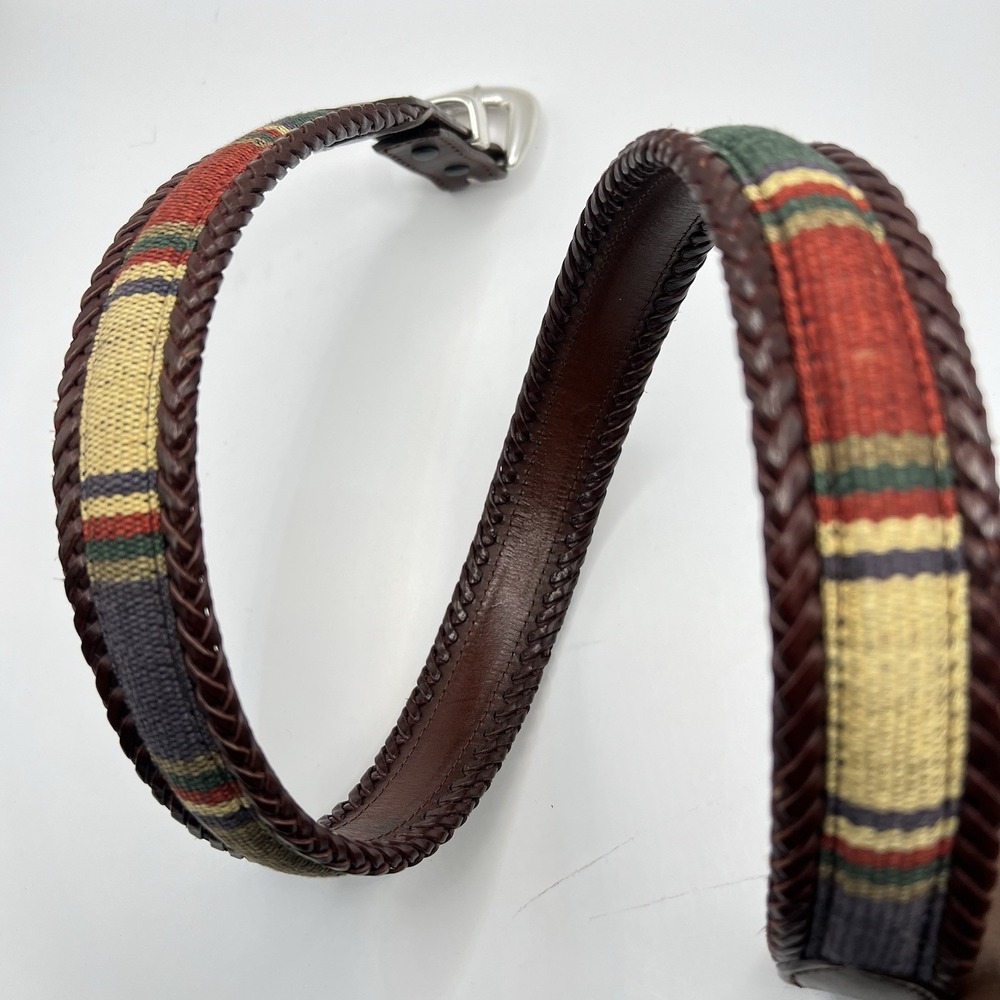 Brighton Santos Multicolored Tapestry Brown Woven Leather Trim Belt 36 Western